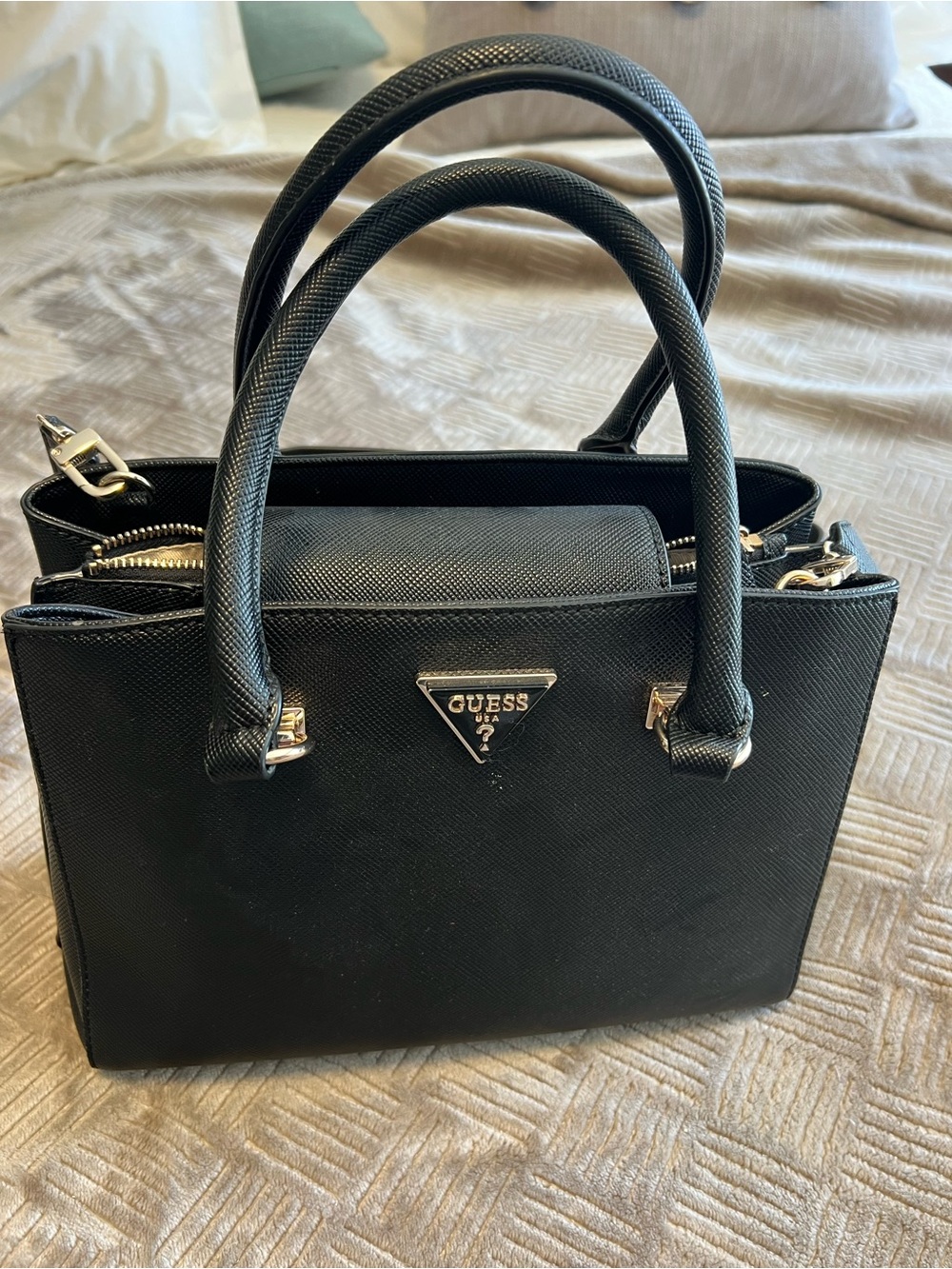 GUESS Black Noelle medium satchel with Gold Hardware